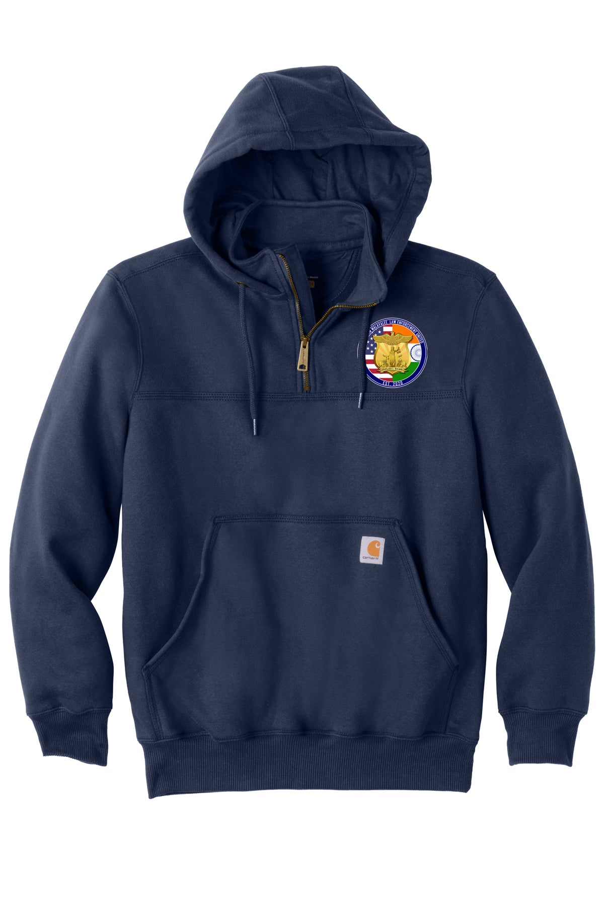 AMLEU Malayalee Carhartt 1/4 Zip Hoodie CT100617 Navy front view with AMLEU left chest emblem