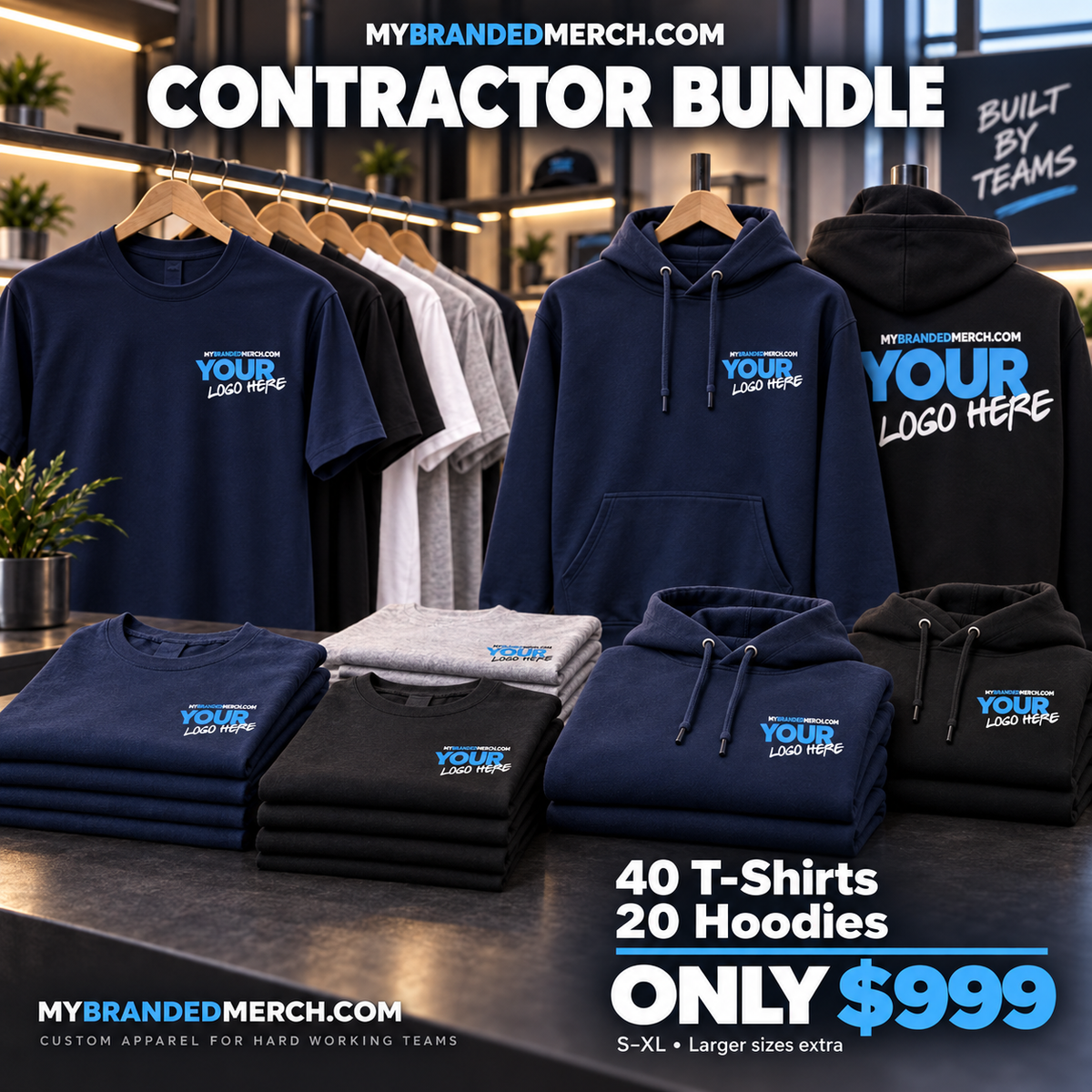 Contractor Bundle — 40 PC55 T-shirts and 20 PC78H hoodies, starting at $999.