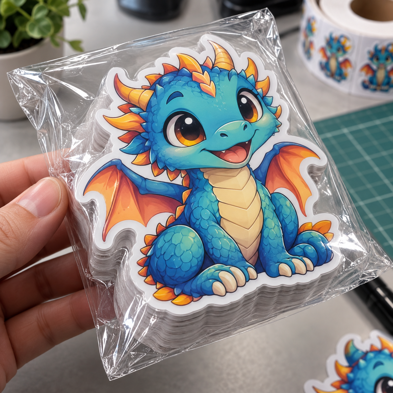 Custom die cut sticker stack shrink wrapped in clear plastic