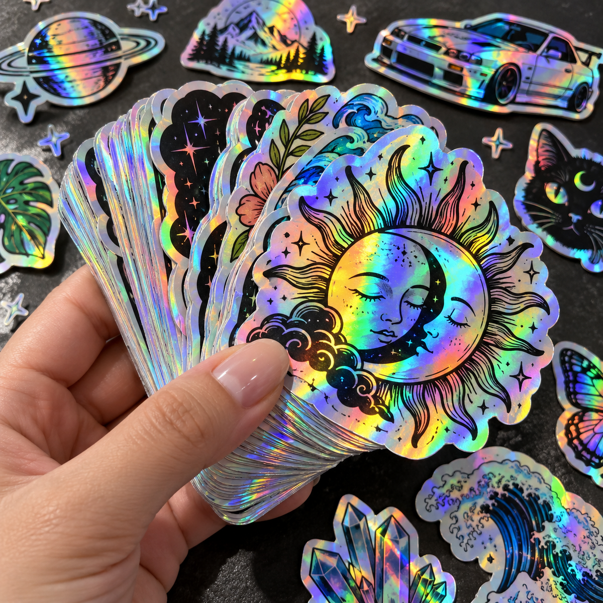 Custom holographic die-cut stickers with rainbow finish