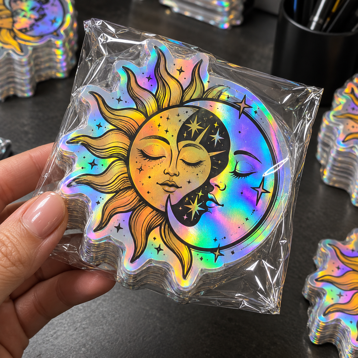 Custom holographic sticker stack shrink wrapped in clear plastic