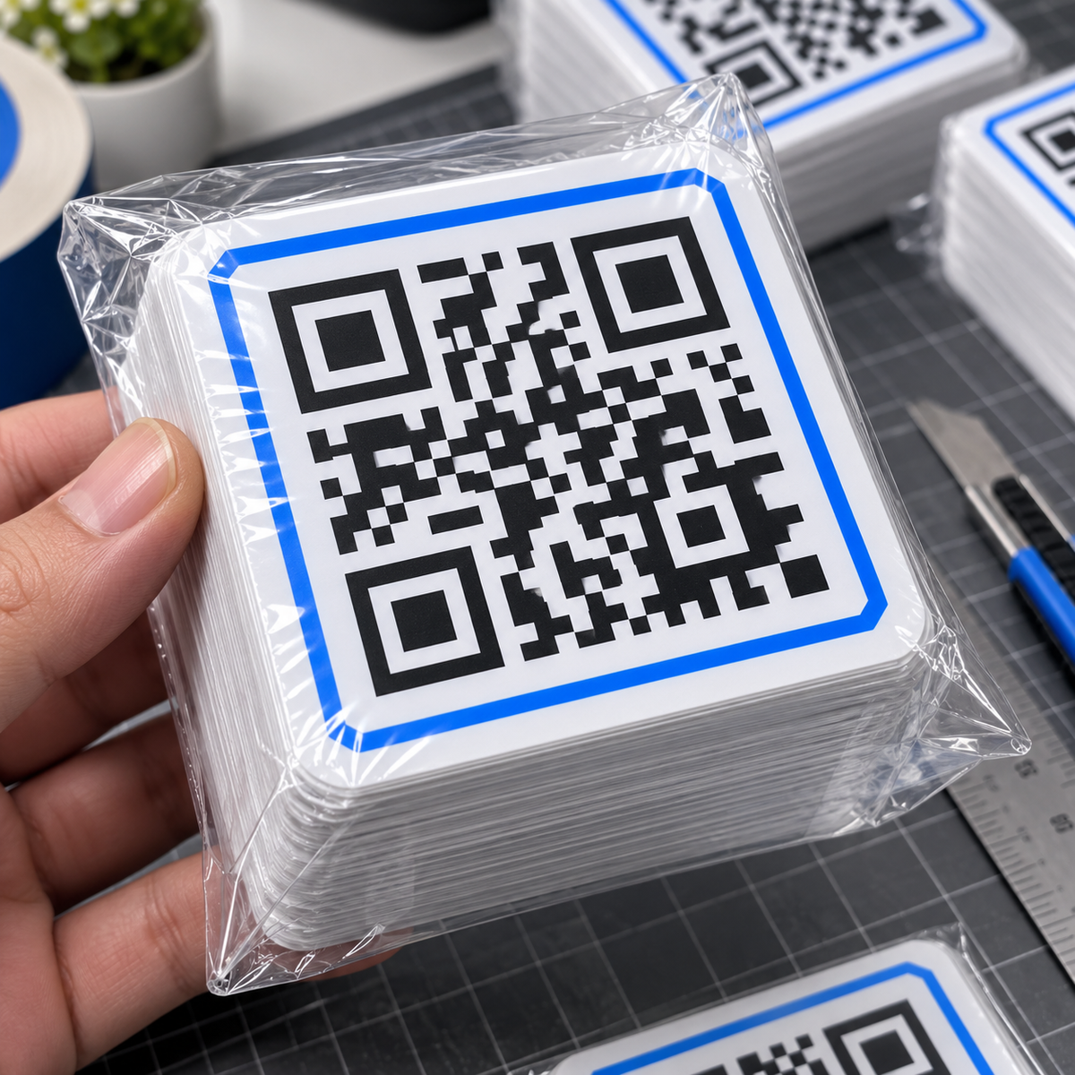 Custom QR code sticker stack shrink wrapped in clear plastic