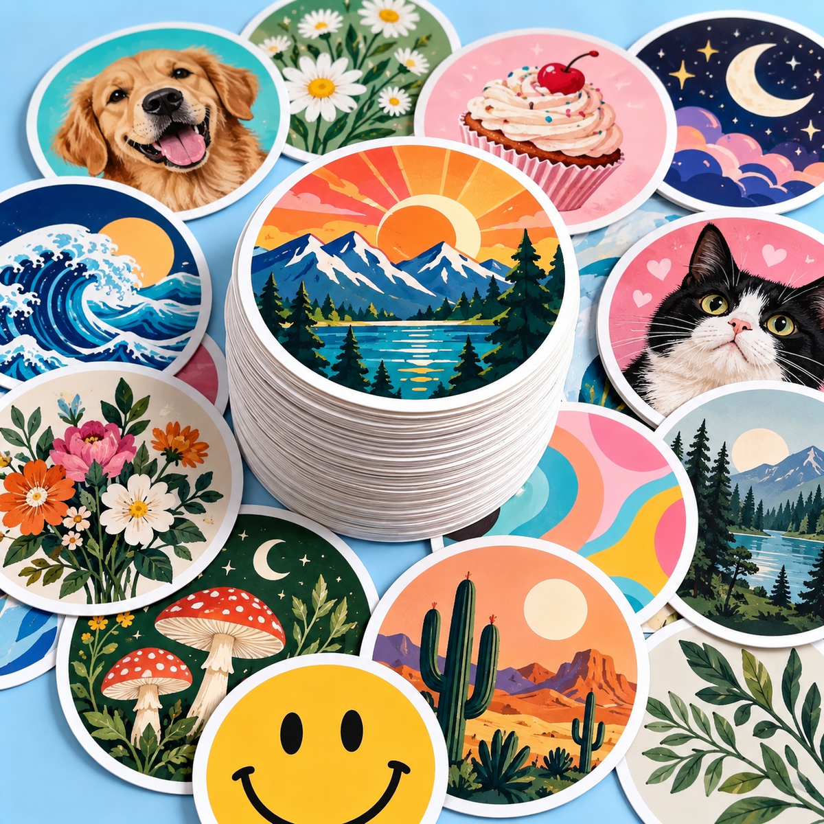 Stack of custom round vinyl stickers