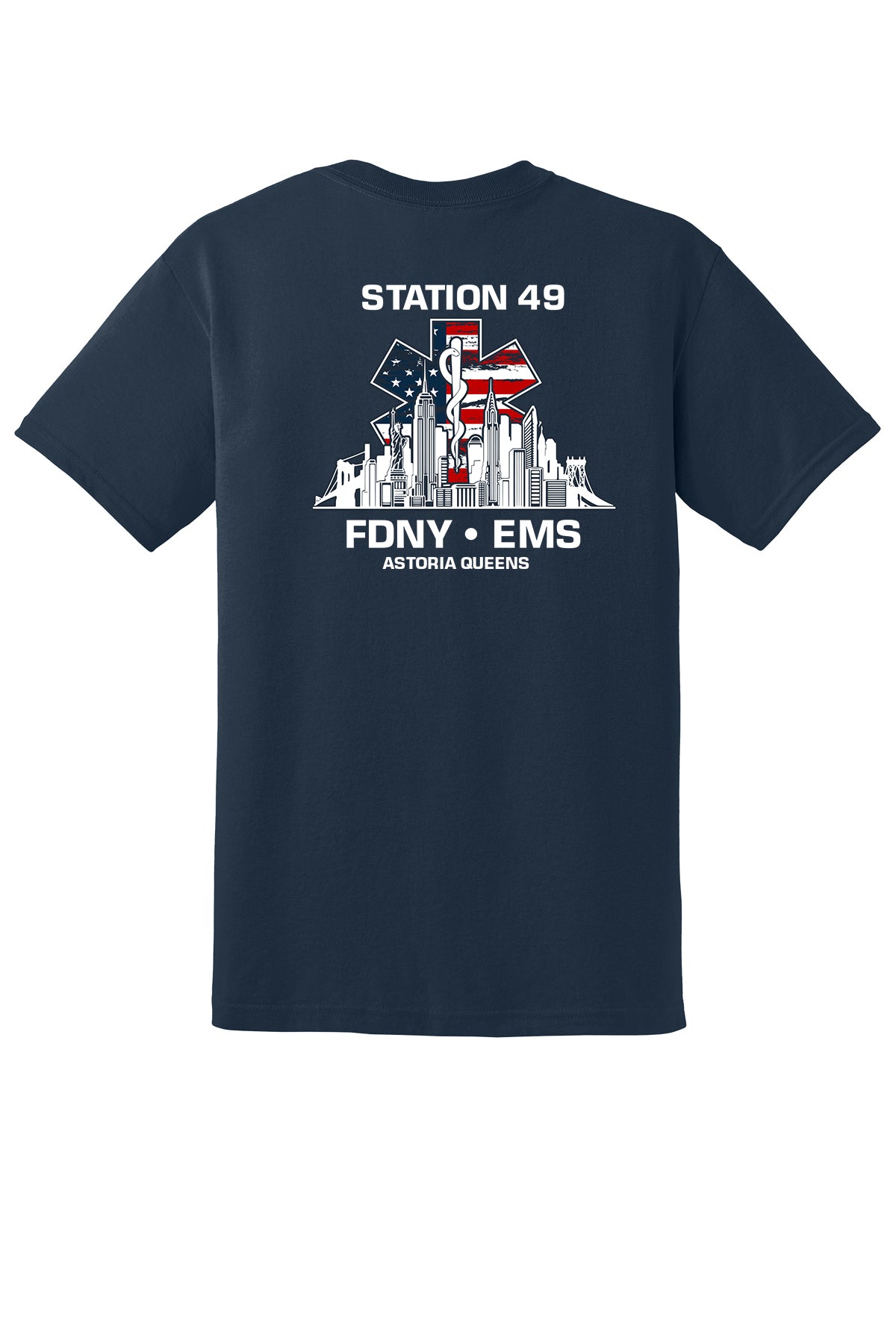 FDNY EMS Station 49 Patriotic Skyline Navy 8000 T-shirt back
