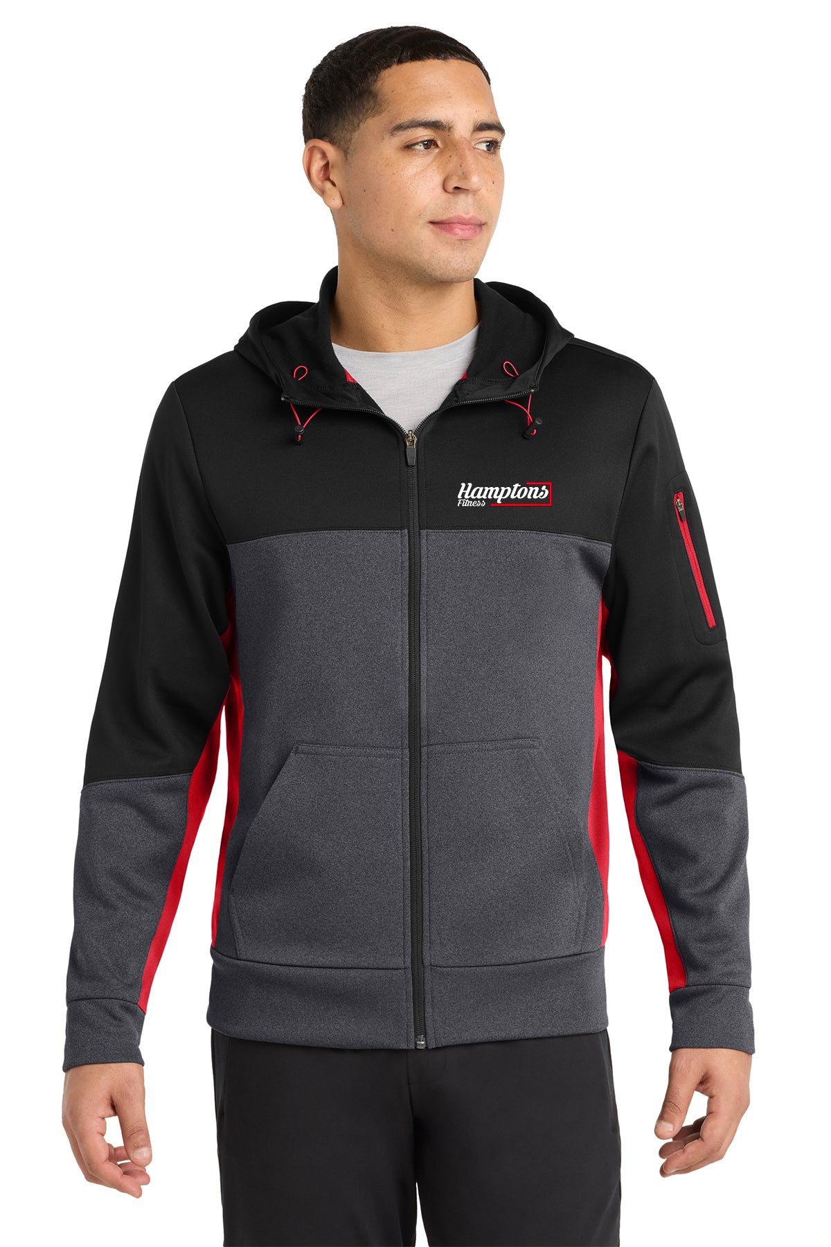 Hamptons Fitness ST245 black graphite heather true red full zip hoodie front