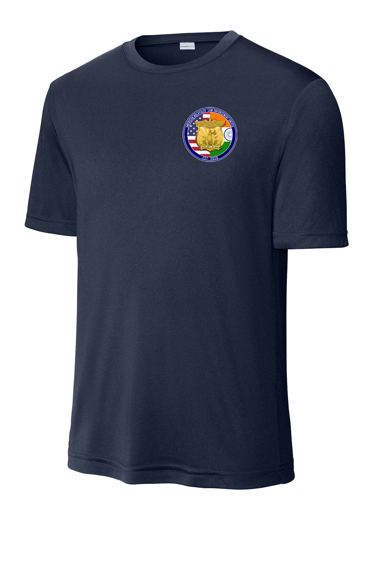 AMLEU Malayalee Performance T-Shirt ST350 Navy front view with AMLEU left chest emblem