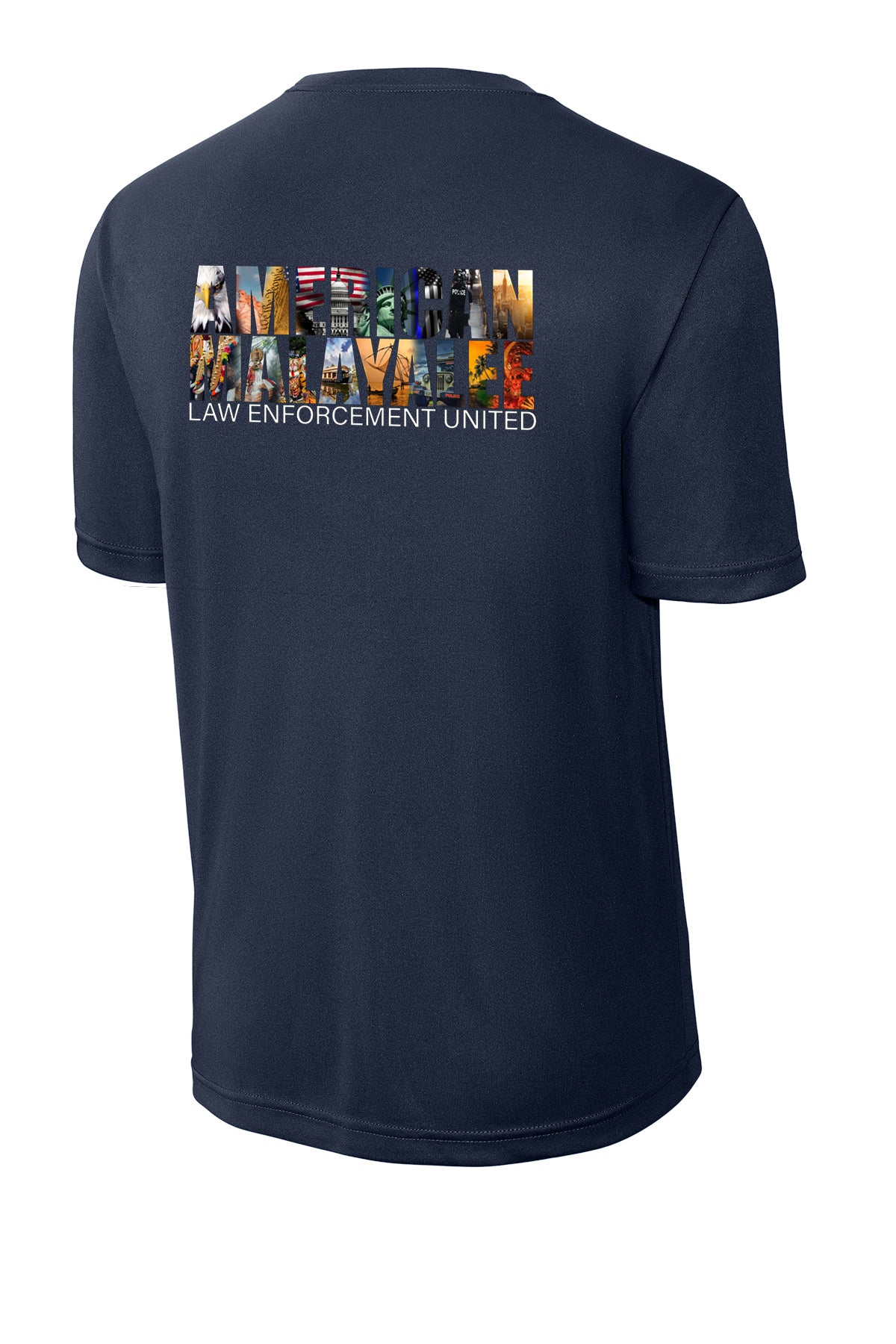 AMLEU Malayalee Performance T-Shirt ST350 Navy back view with American Malayalee design