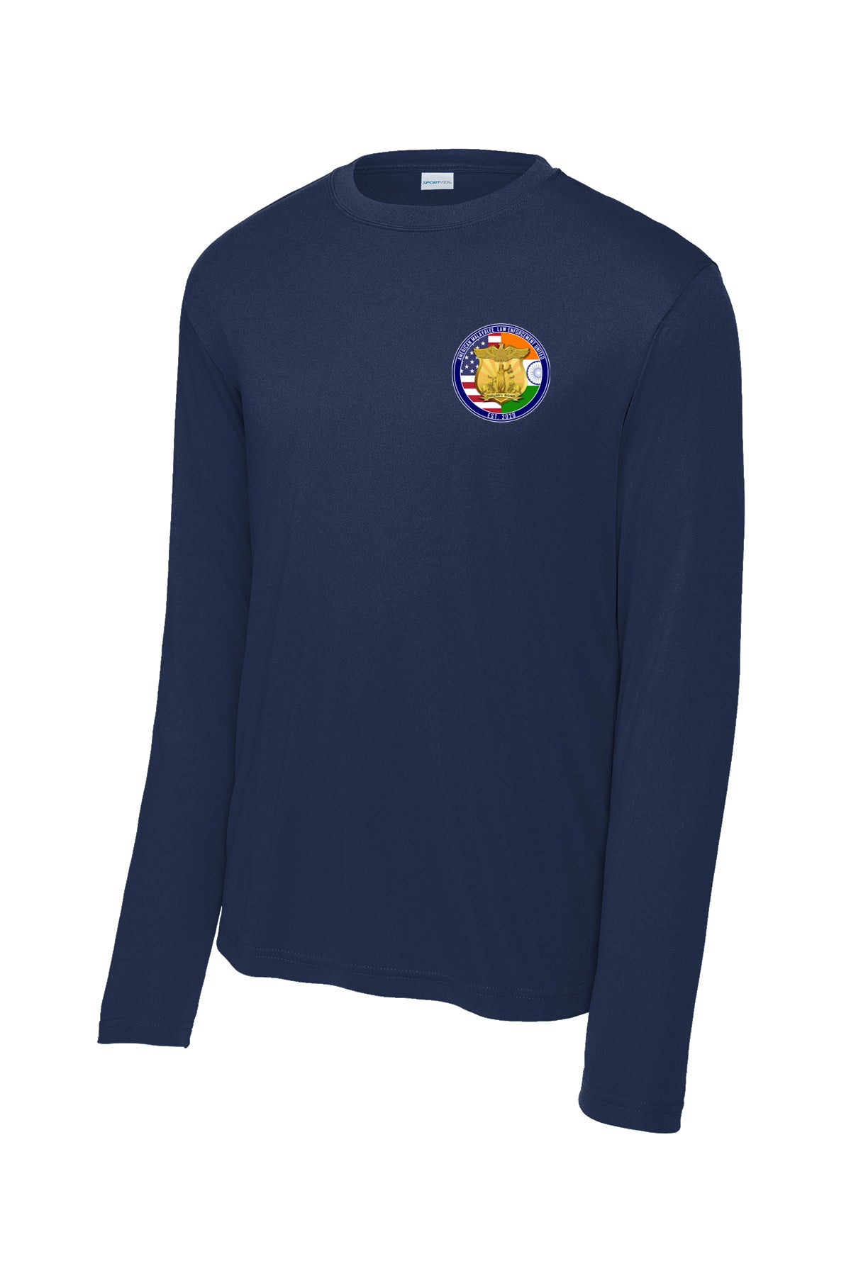 AMLEU Malayalee Performance Long Sleeve ST350LS Navy front view with AMLEU left chest emblem