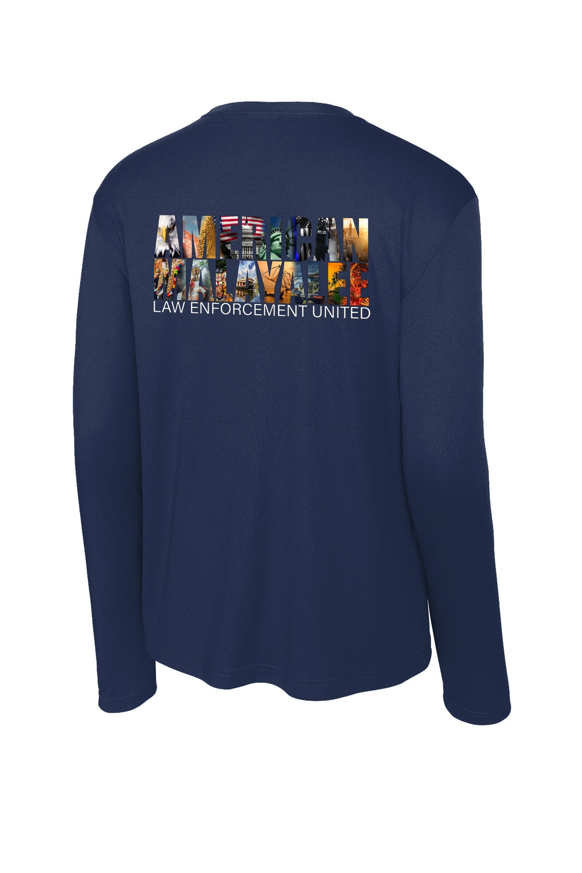 AMLEU Malayalee Performance Long Sleeve ST350LS Navy back view with American Malayalee design