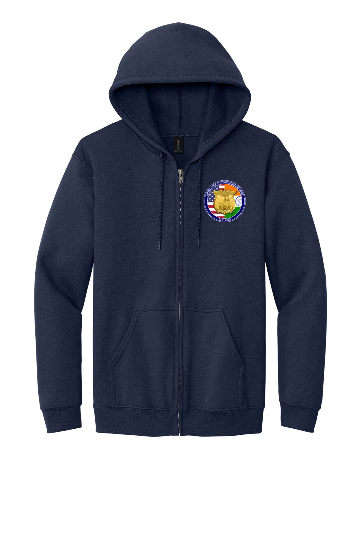 AMLEU Malayalee Full-Zip Hoodie 18600 Navy front view with AMLEU left chest emblem