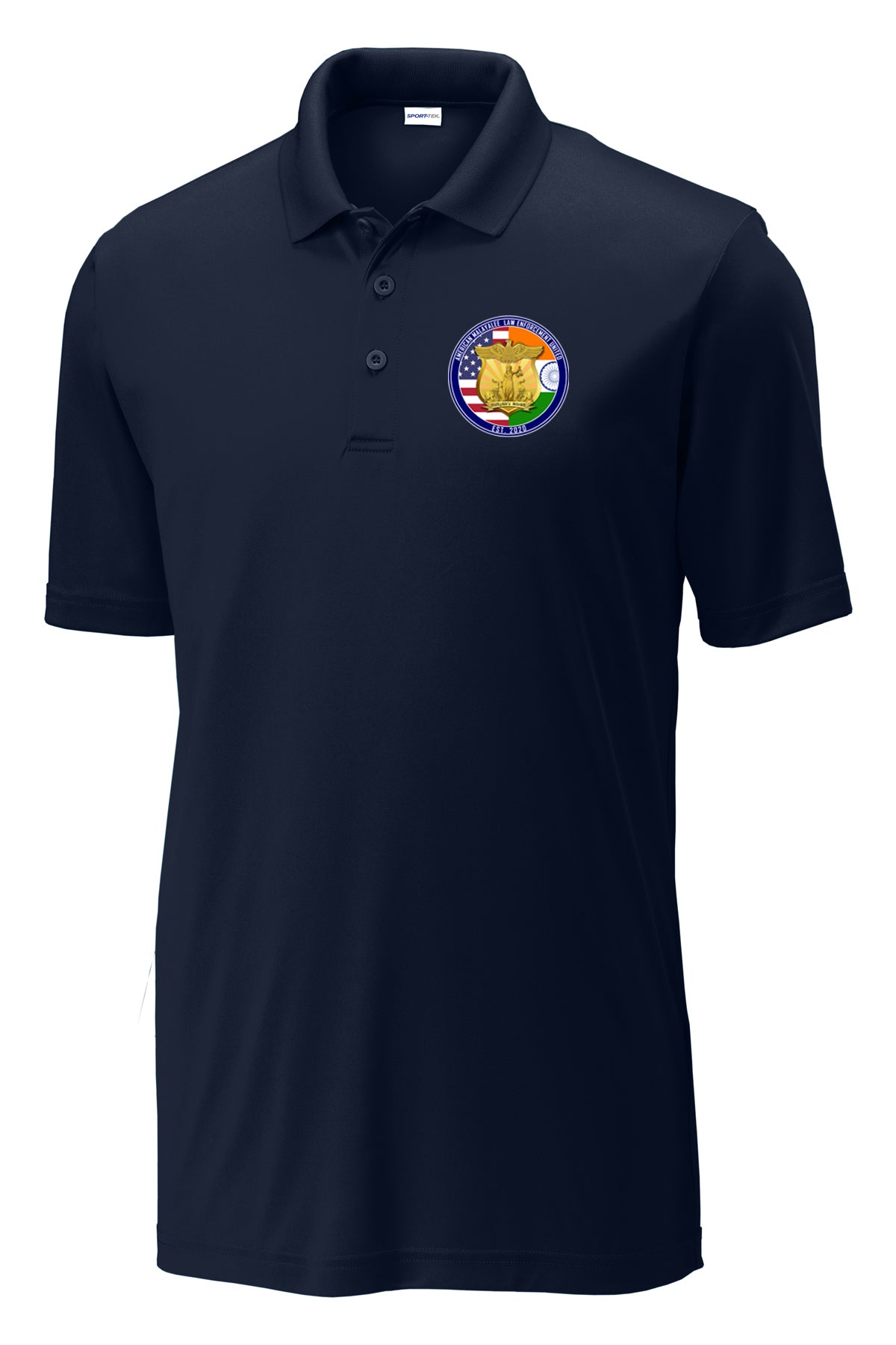 AMLEU Malayalee Performance Polo ST550 Navy front view with AMLEU left chest emblem