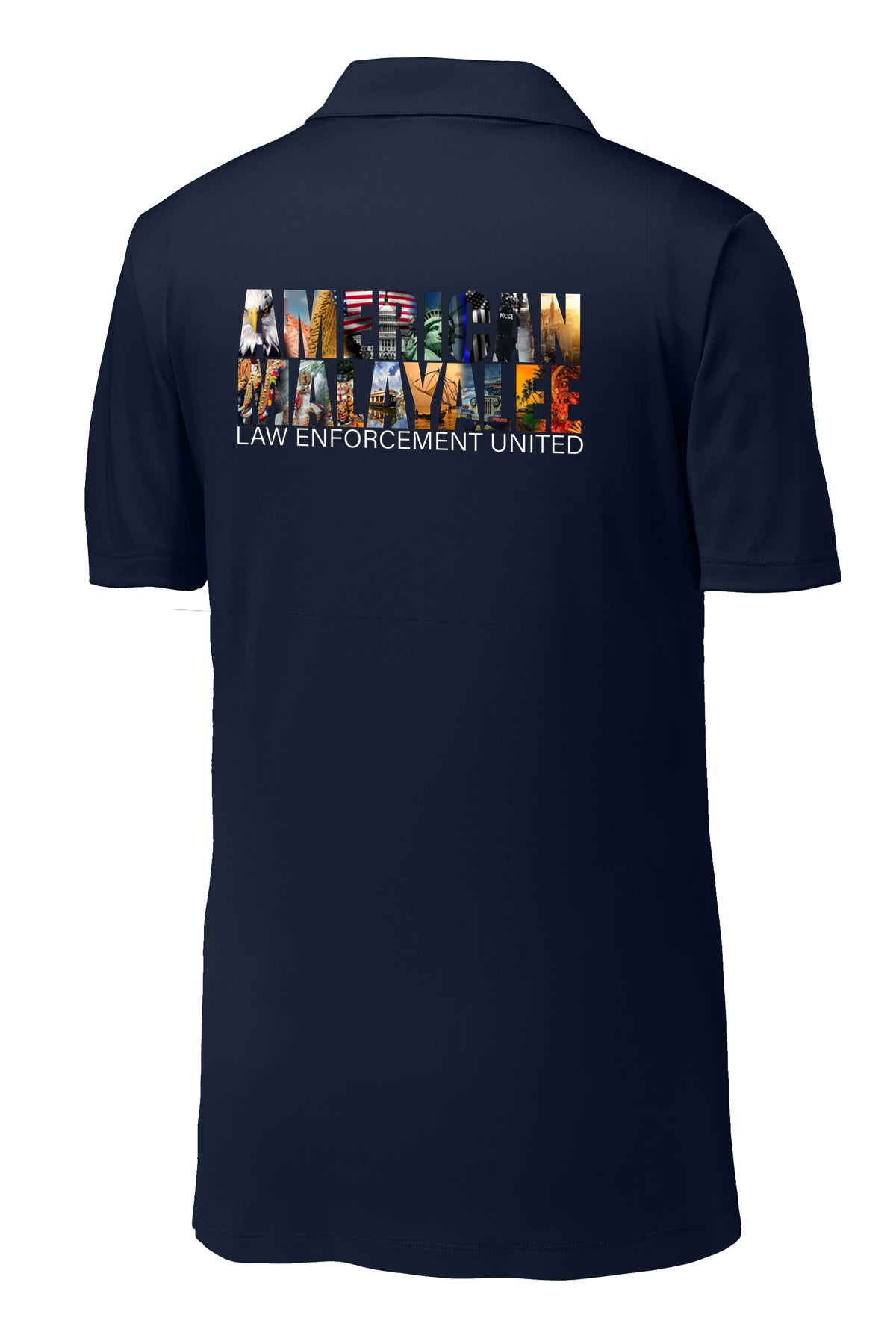 AMLEU Malayalee Performance Polo ST550 Navy back view with American Malayalee design