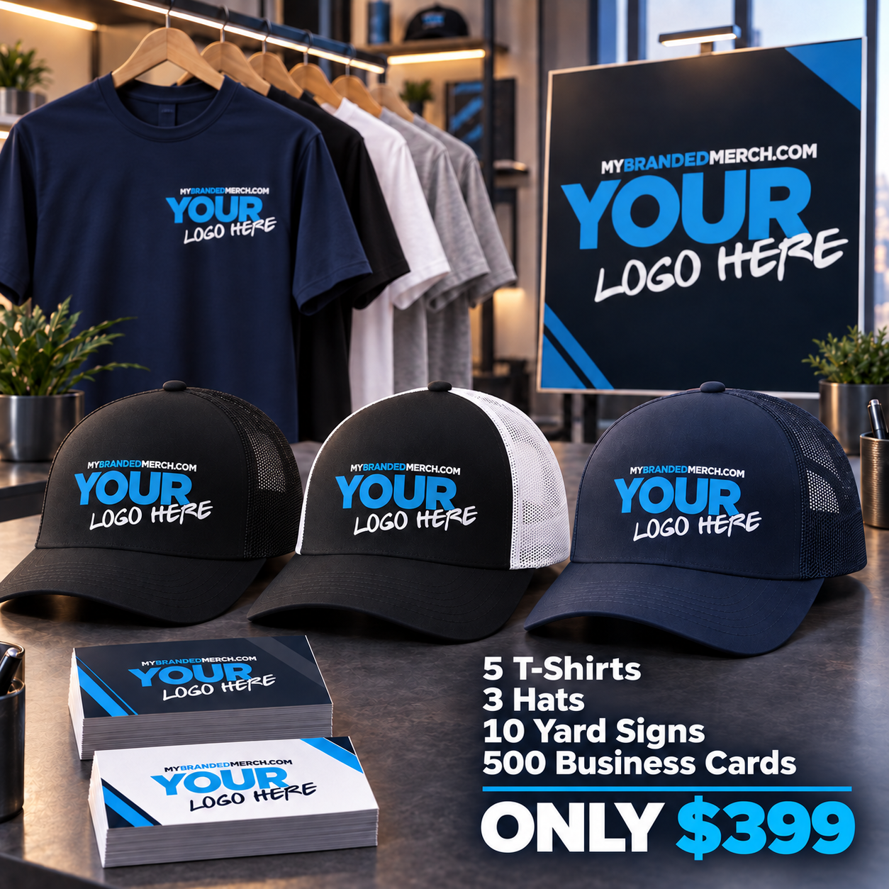 Business Starter Bundle with five T-shirts, three STC54 five-panel trucker hats, ten yard signs, and 500 business cards for $399