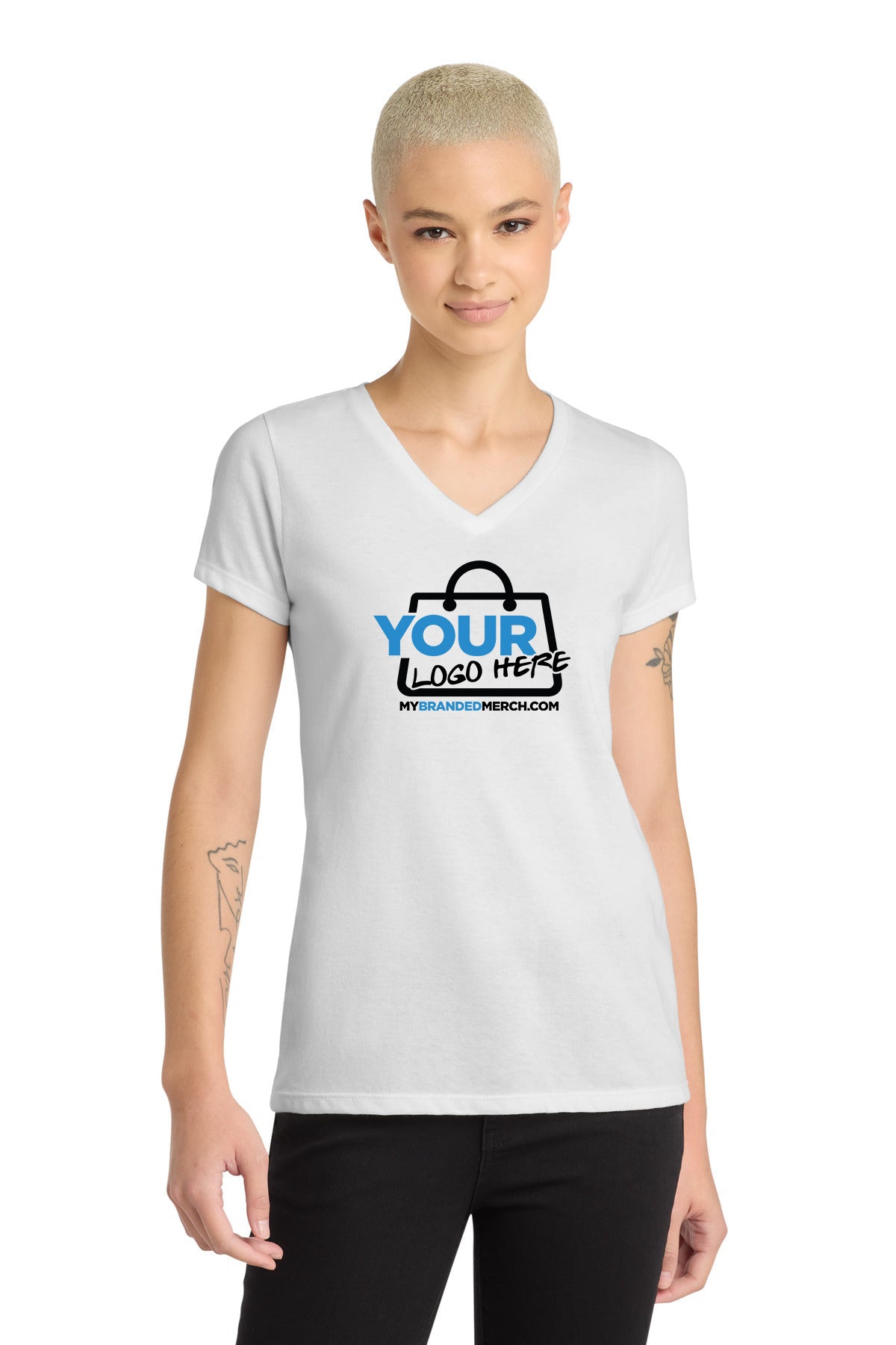 Custom logo District® Women's Perfect Blend® CVC V-Neck Tee. DM1190L decoration preview