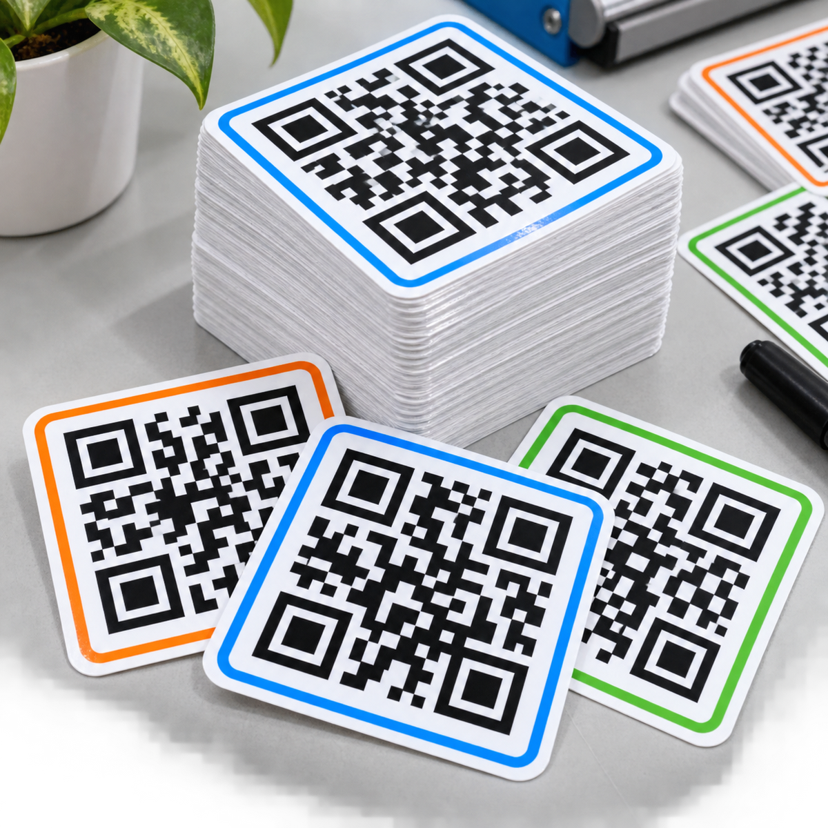 Stack of custom QR code vinyl stickers