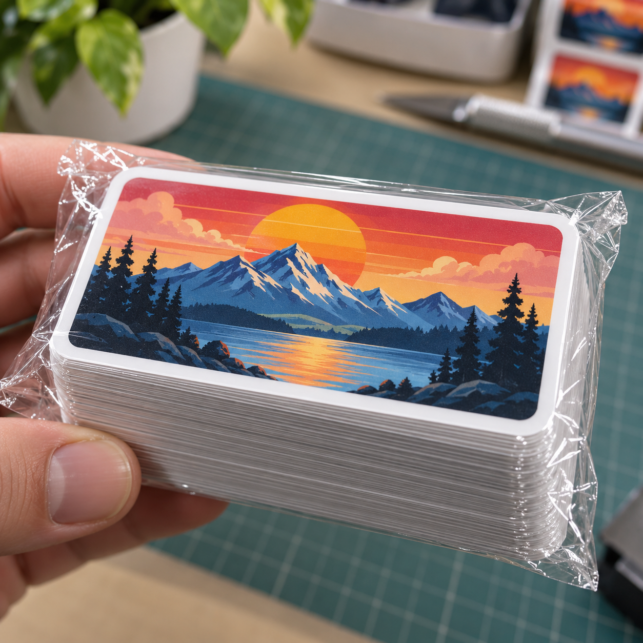 Custom rectangle sticker stack shrink wrapped in clear plastic