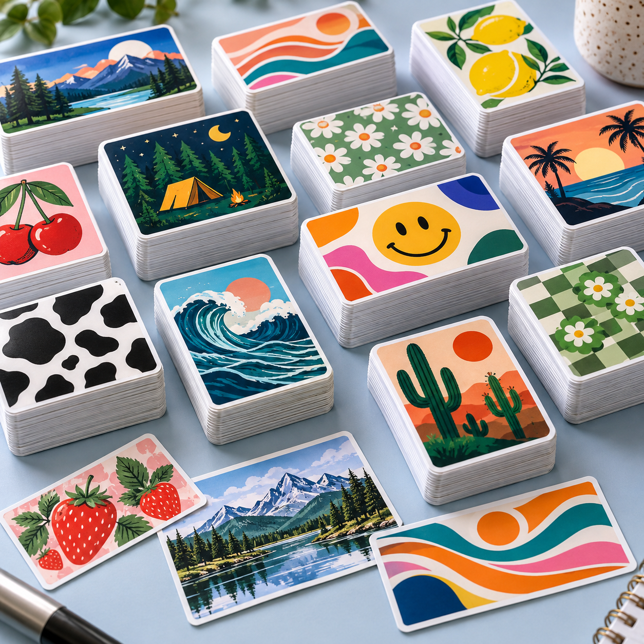 Stacks of custom rectangle vinyl stickers