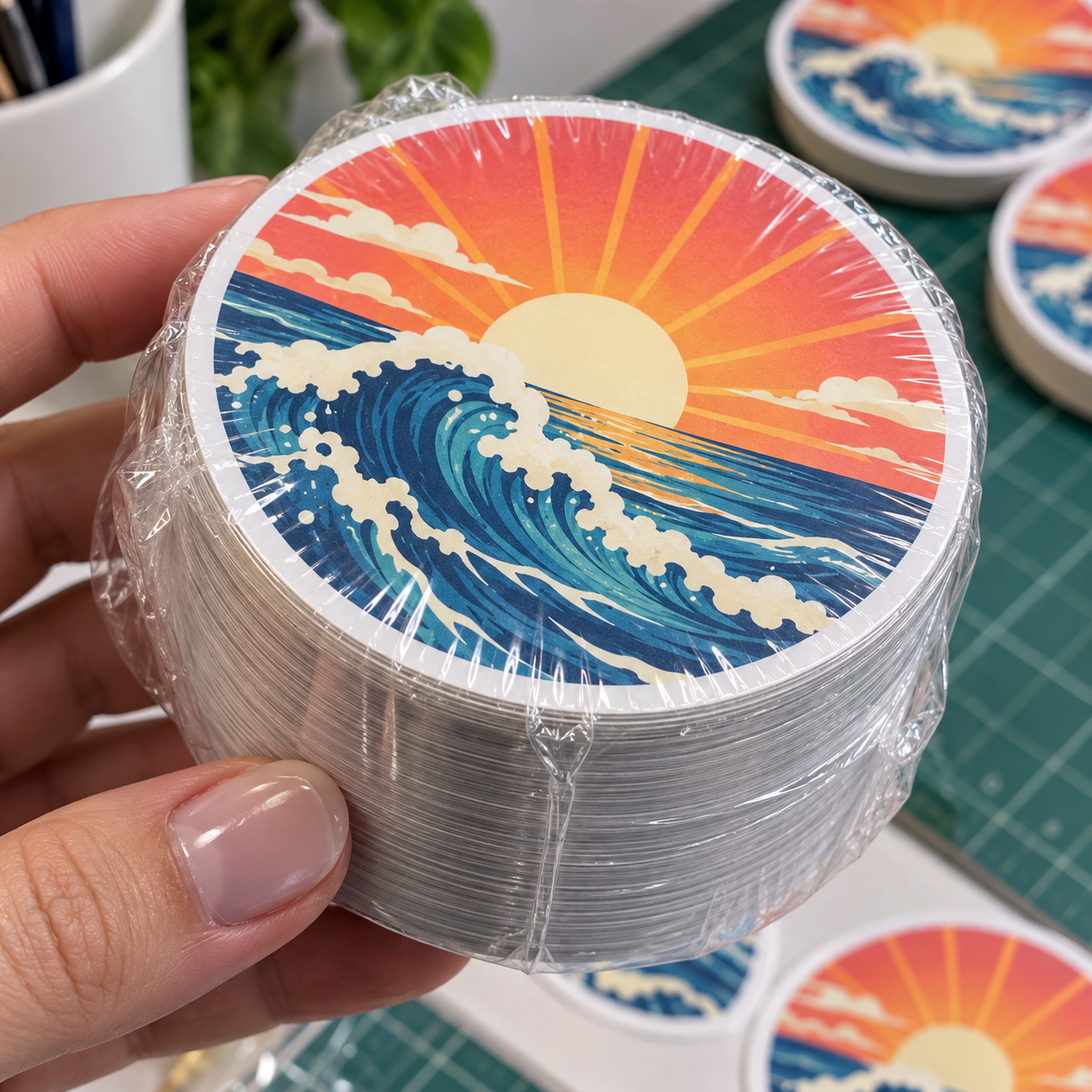 Custom round sticker stack shrink wrapped in clear plastic