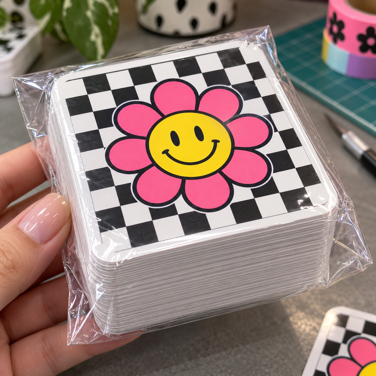 Custom square sticker stack shrink wrapped in clear plastic