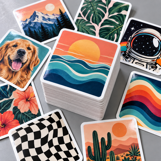 Stack of custom square vinyl stickers