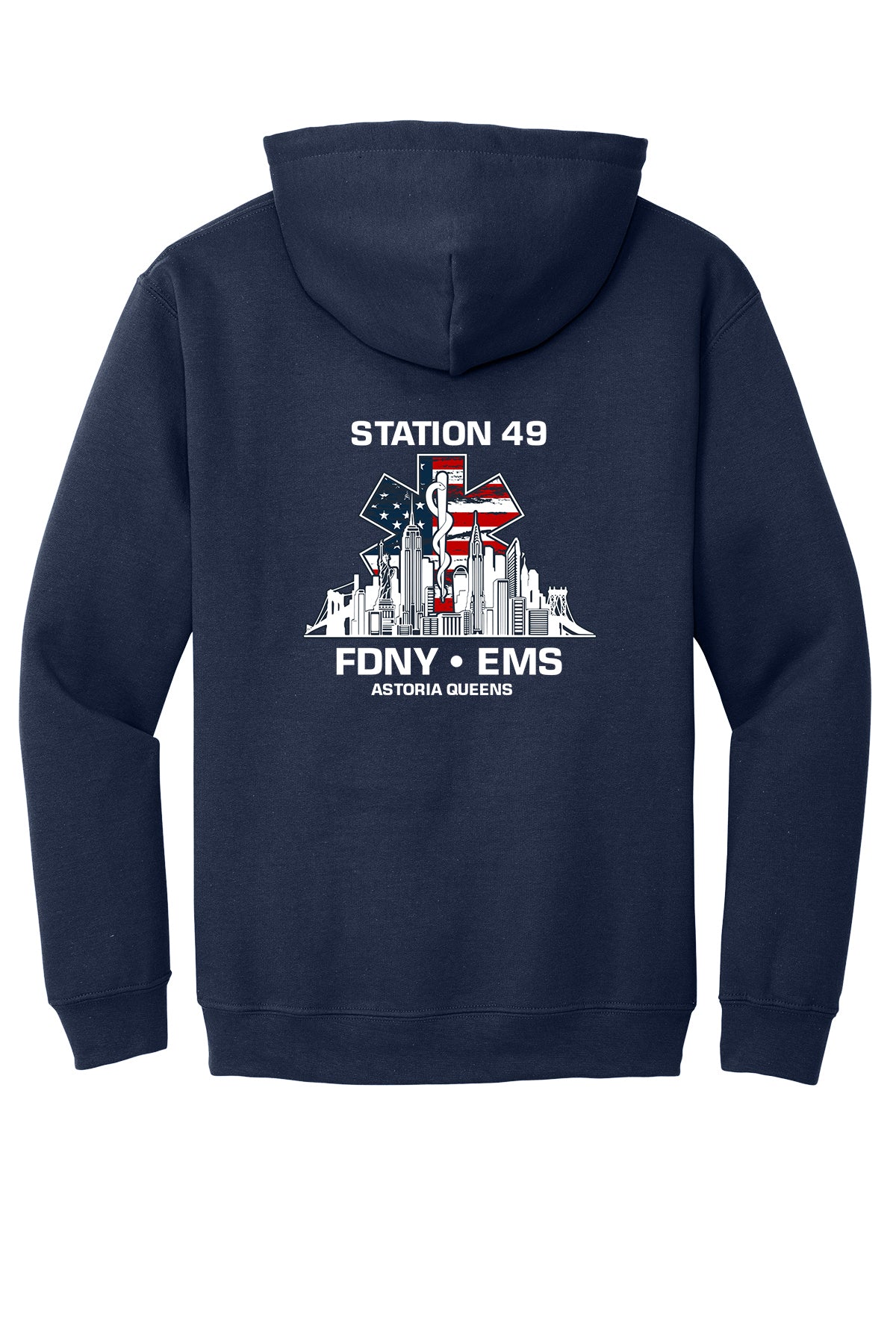 FDNY EMS Station 49 Patriotic Skyline Navy 18500 hoodie back