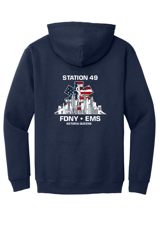 FDNY EMS Station 49 Patriotic Skyline Navy 18500 hoodie back