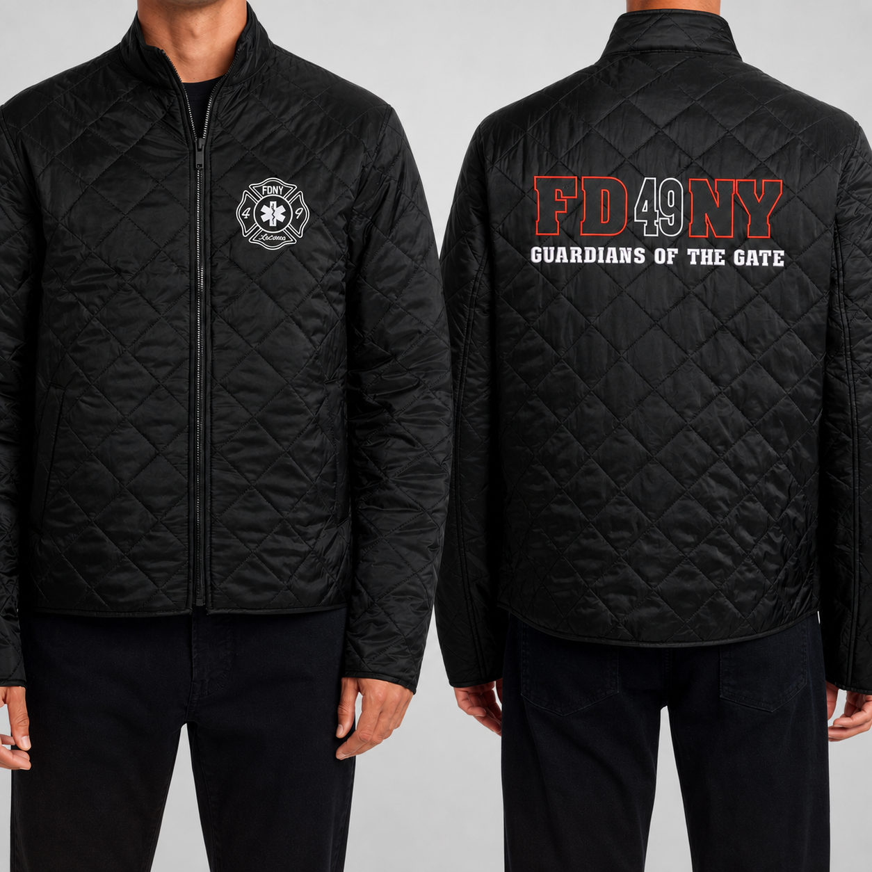 Close-up front and back views of the FDNY EMS Station 49 quilted jacket