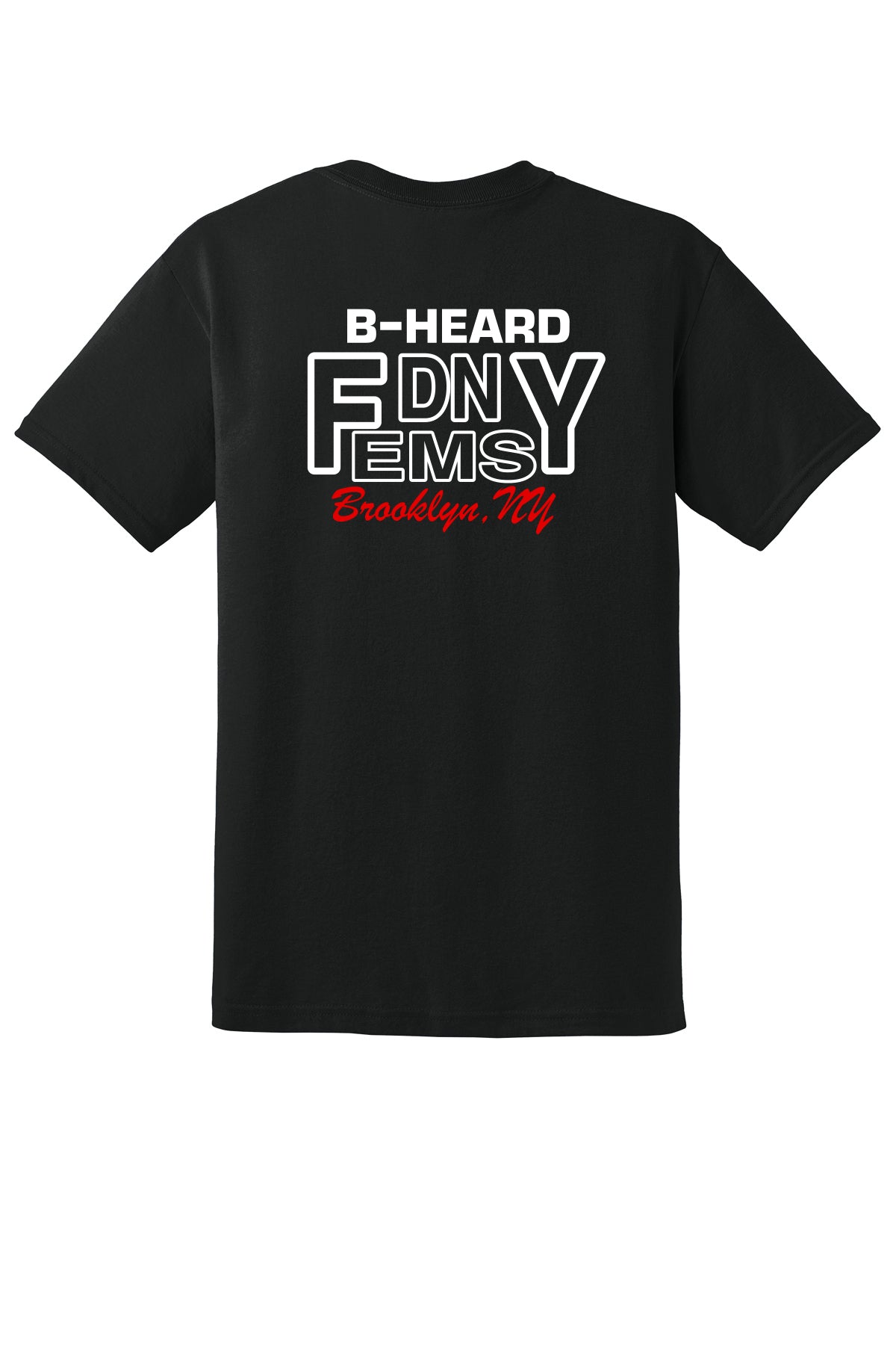 Back of black FDNY EMS Station 90 B-HEARD Gildan 8000 T-shirt