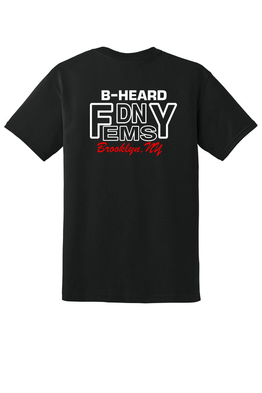 Back of black FDNY EMS Station 90 B-HEARD Gildan 8000 T-shirt