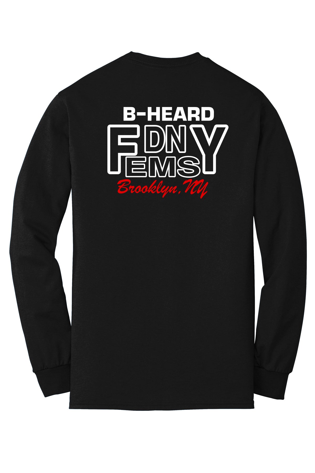 Back of black FDNY EMS Station 90 B-HEARD Gildan 8400 long sleeve T-shirt