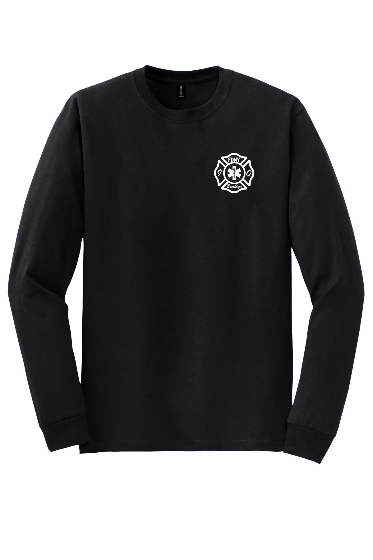 Front of black FDNY EMS Station 90 B-HEARD Gildan 8400 long sleeve T-shirt